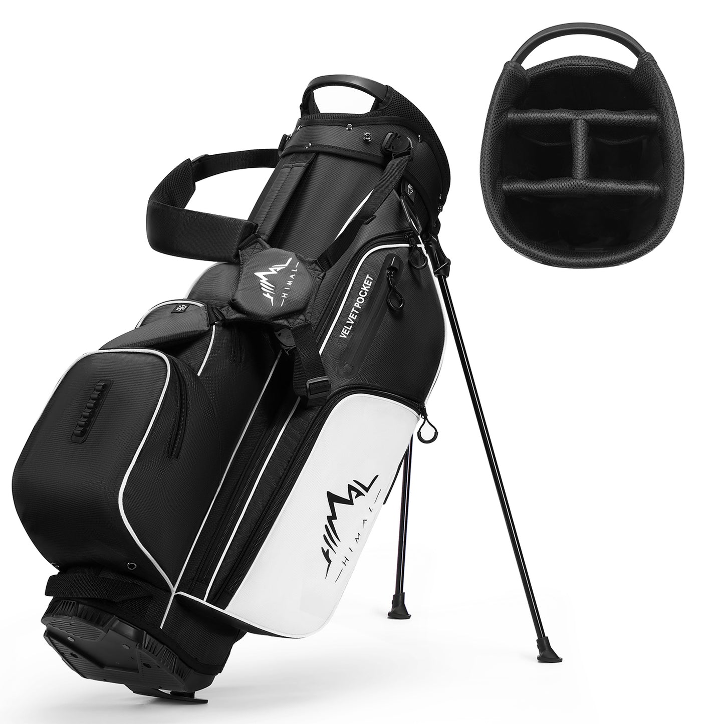 4-Way Full-Length Golf Stand Bag-Pure Black-White