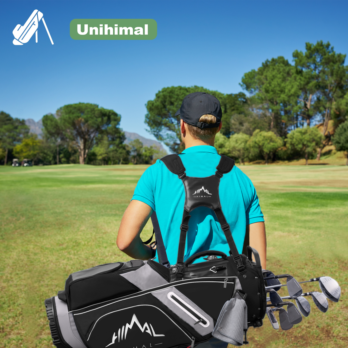 14-Way PU Leather Golf Stand Bag-Pure Black-Gray