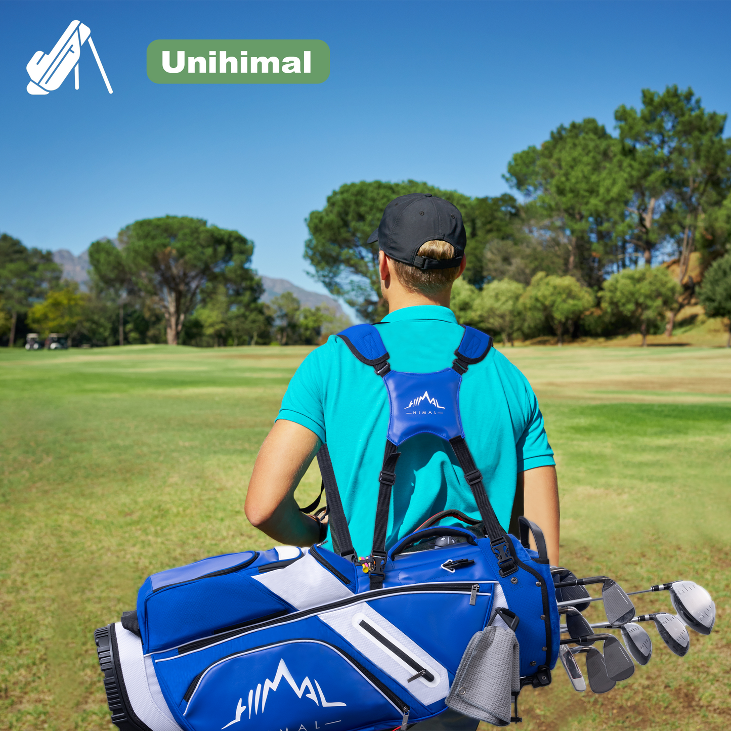 14-Way PU Leather Golf Stand Bag-Royal Blue-White