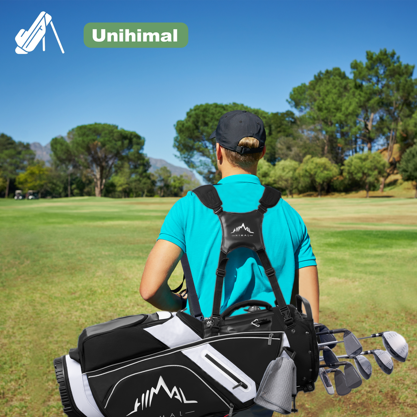 14-Way PU Leather Golf Stand Bag-Pure Black-White