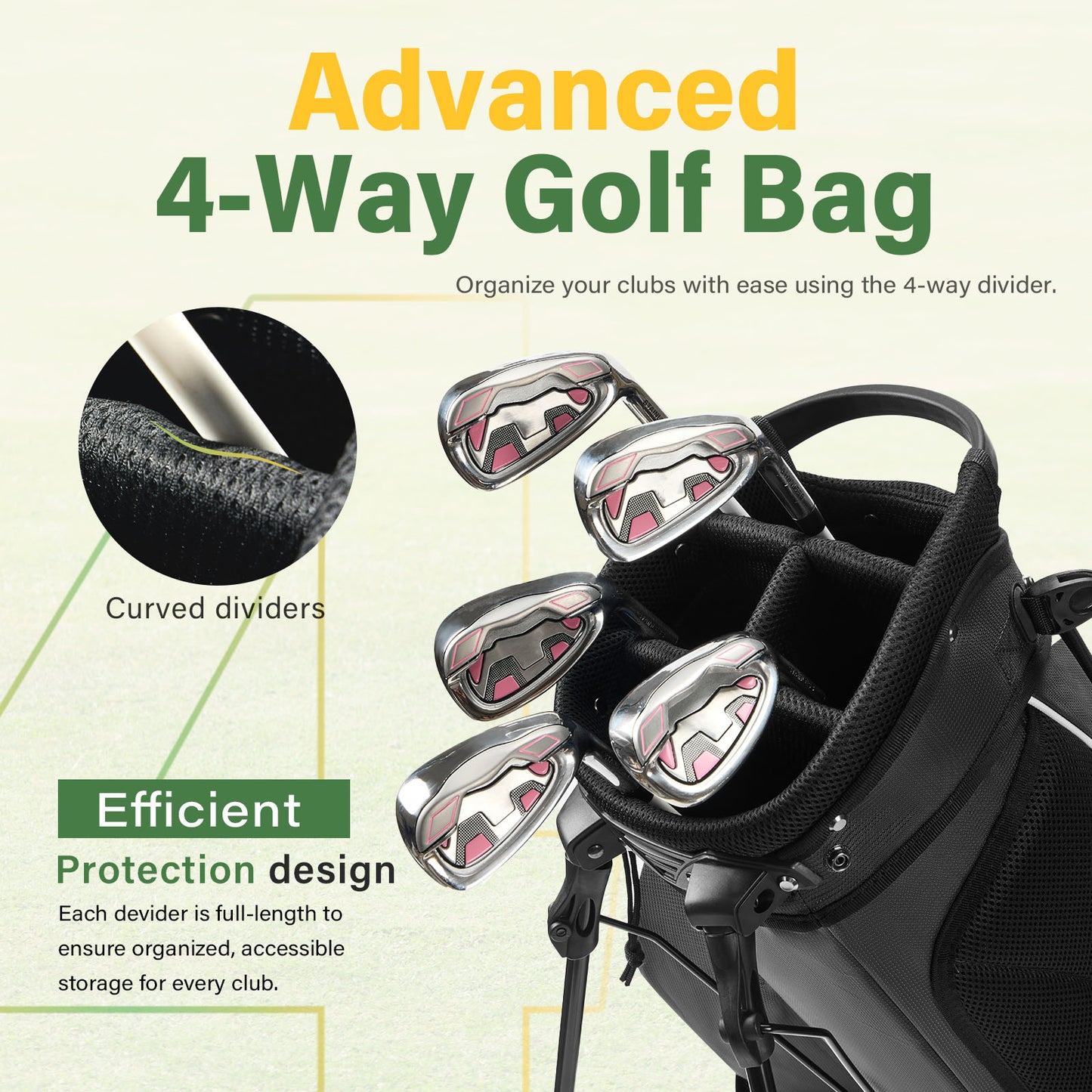 4-Way Full-Length Golf Stand Bag-Pure Black-White