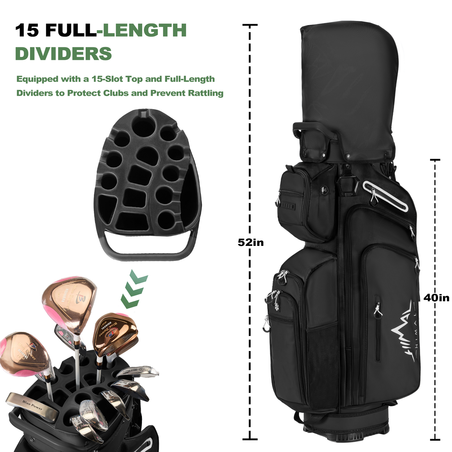 15-Way Full-Length Divider Golf Cart Bag-Black