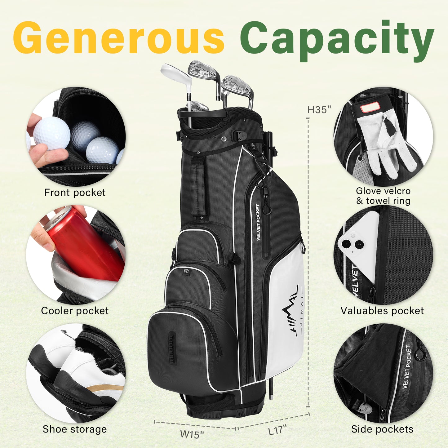 4-Way Full-Length Golf Stand Bag-Pure Black-White