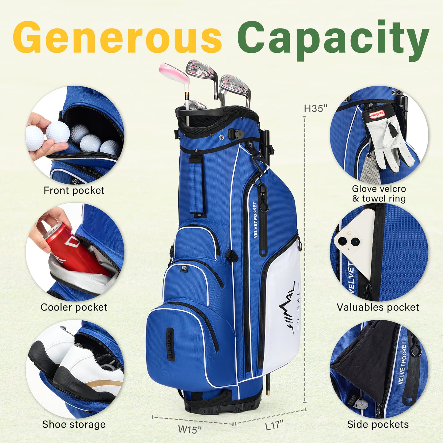 4-Way Full-Length Golf Stand Bag-Royal Blue-White