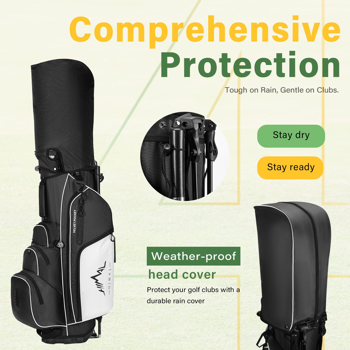 4-Way Full-Length Golf Stand Bag-Pure Black-White