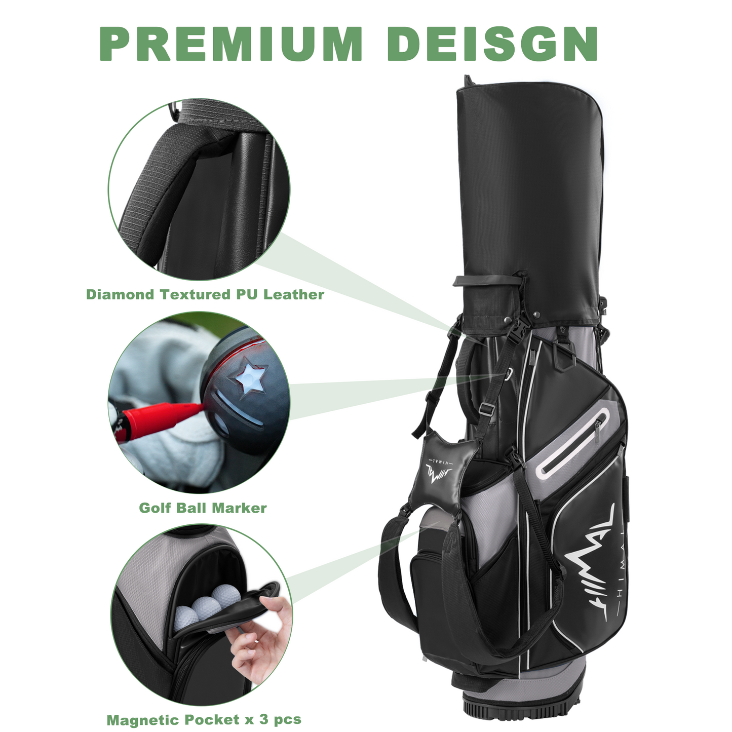 14-Way PU Leather Golf Stand Bag-Pure Black-Gray
