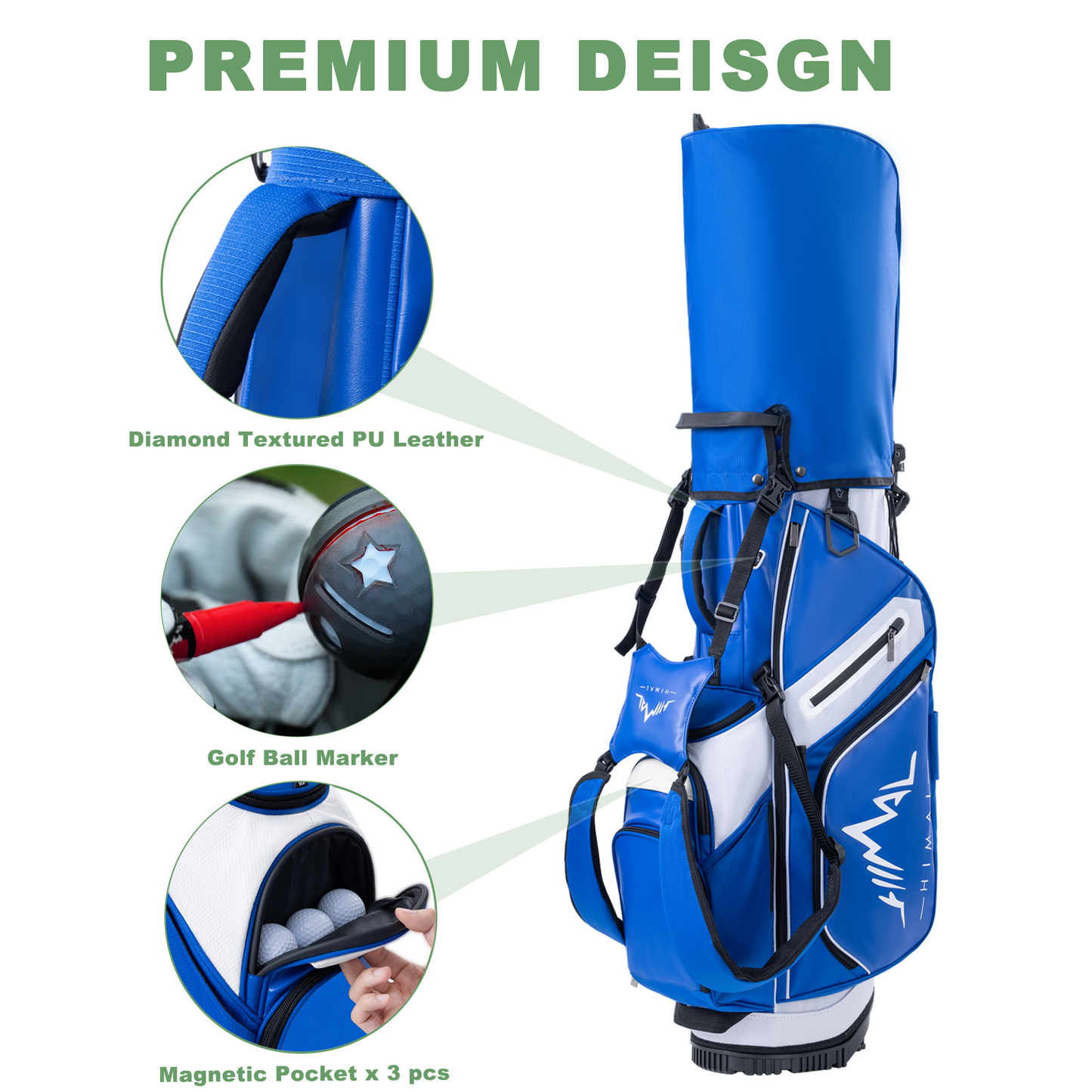 14-Way PU Leather Golf Stand Bag-Royal Blue-White