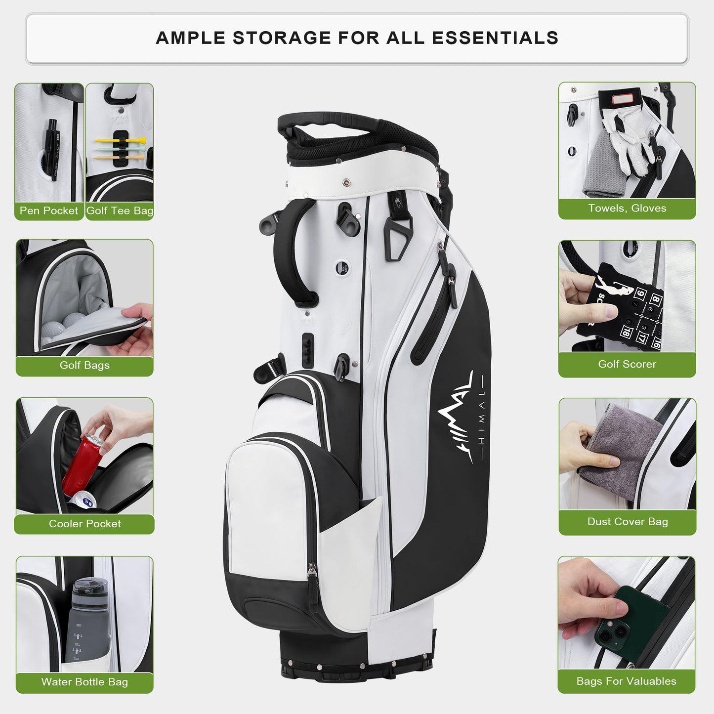 5-Way Golf Stand Bag-Classic Black-White
