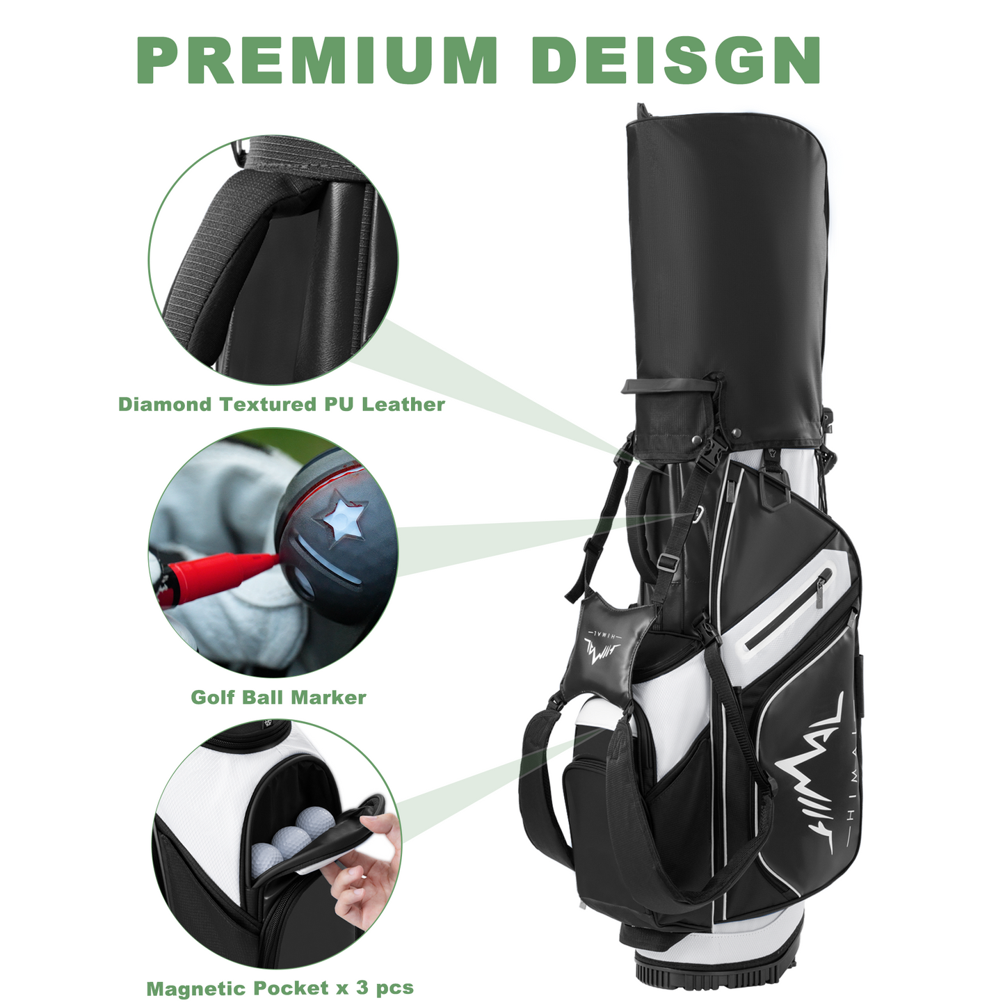 14-Way PU Leather Golf Stand Bag-Pure Black-White