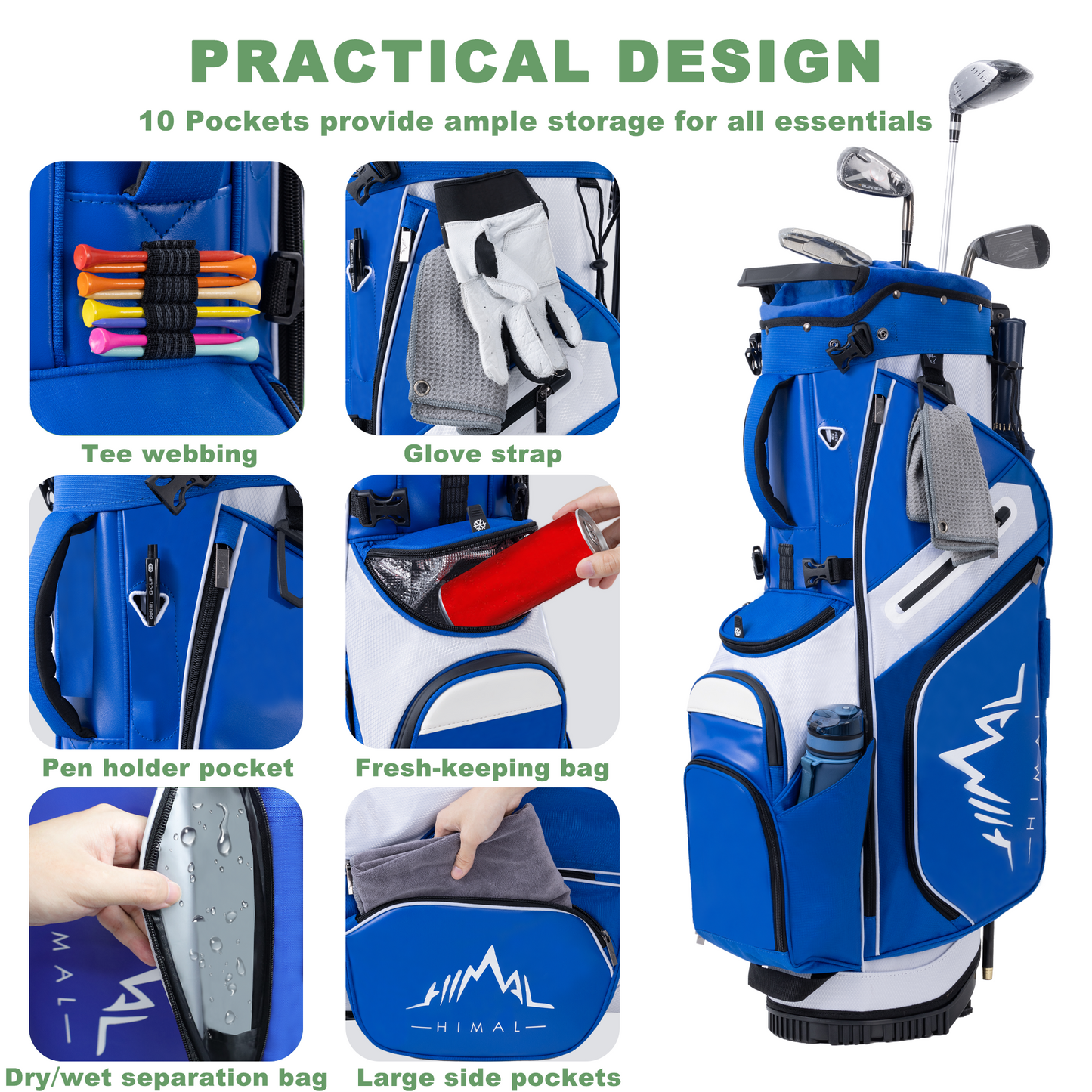 14-Way PU Leather Golf Stand Bag-Royal Blue-White