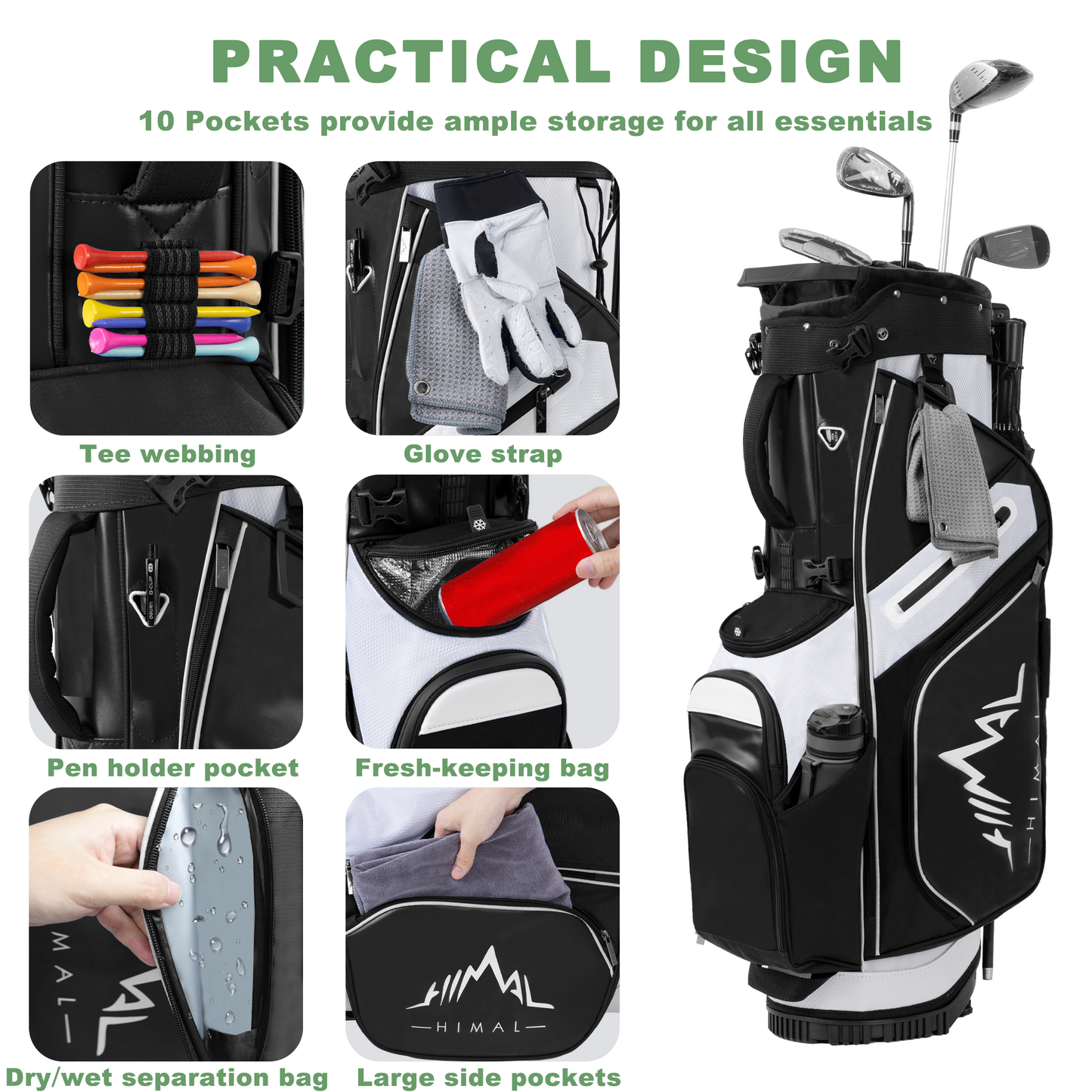 14-Way PU Leather Golf Stand Bag-Pure Black-White