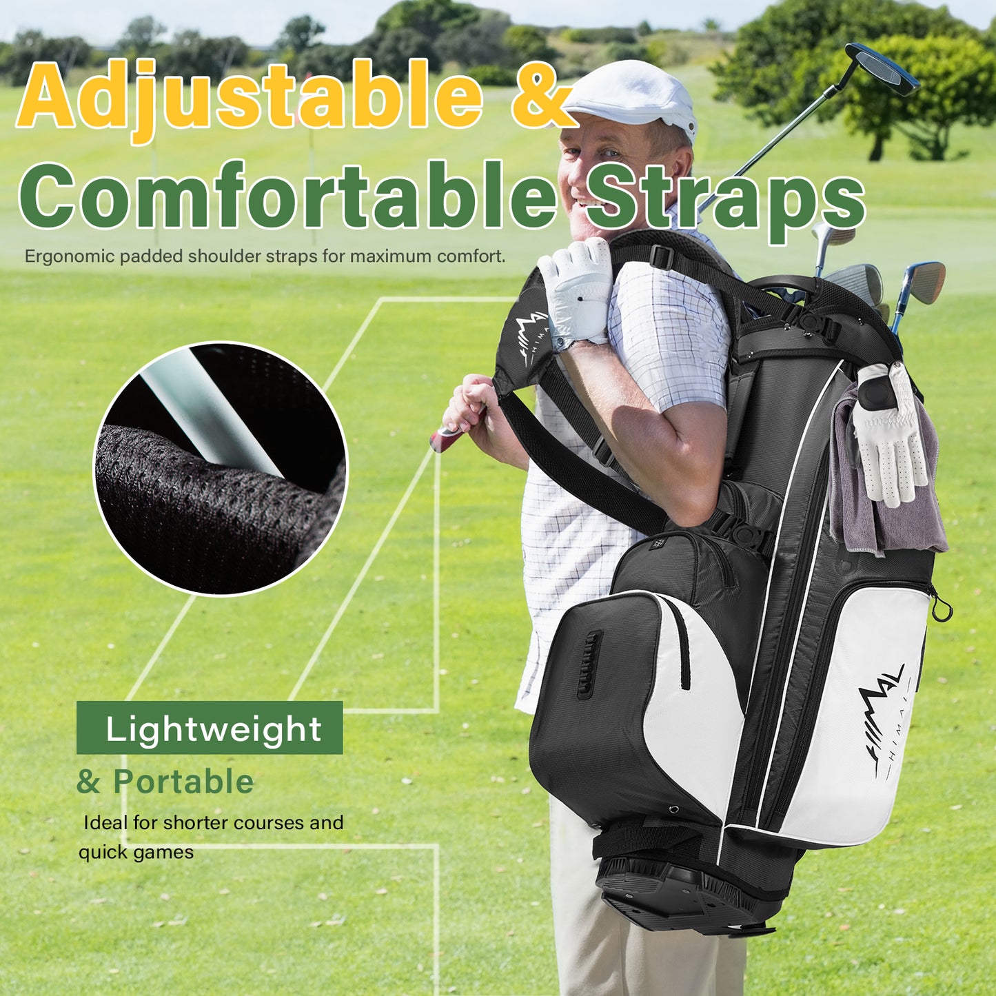 4-Way Full-Length Golf Stand Bag-Pure Black-White