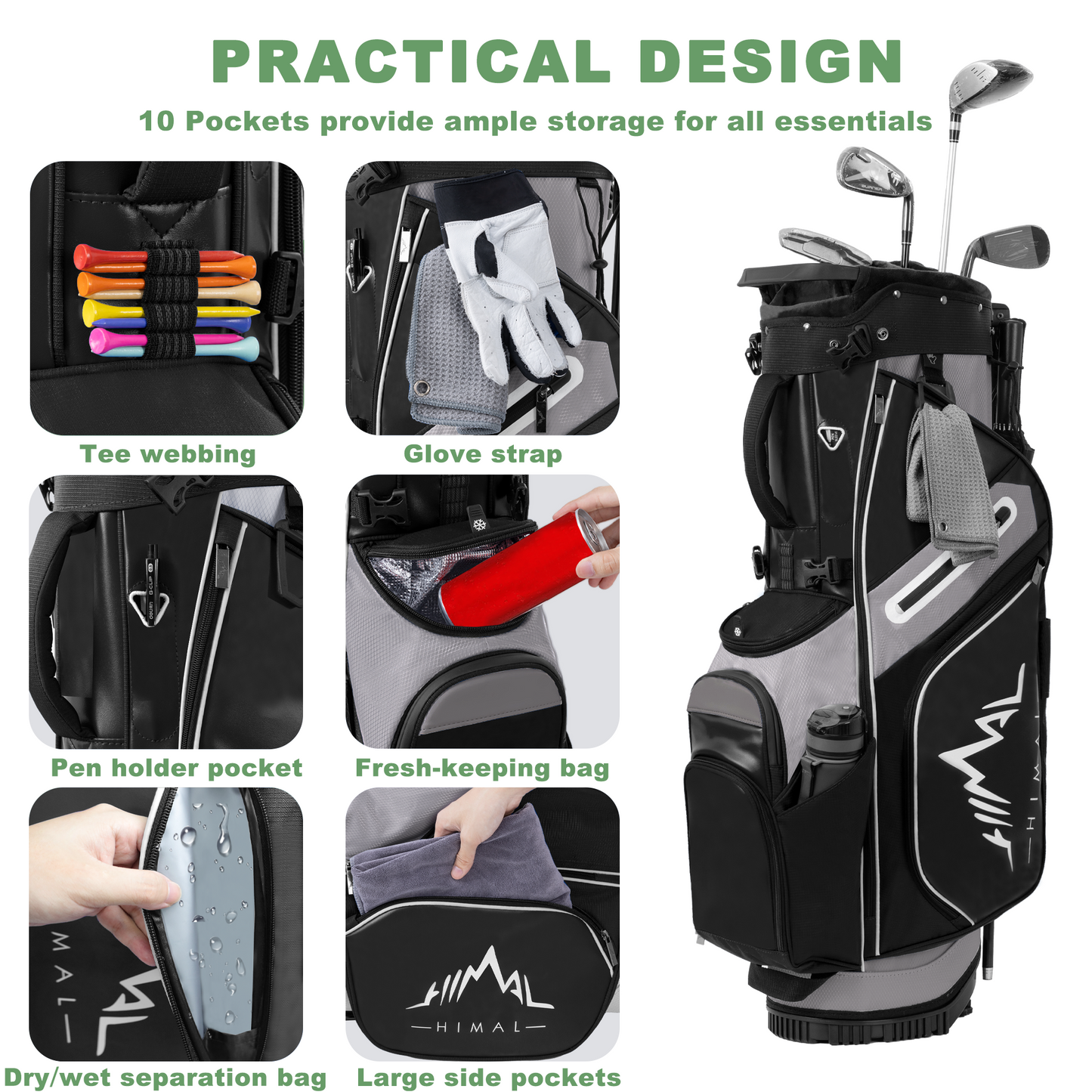 14-Way PU Leather Golf Stand Bag-Pure Black-Gray
