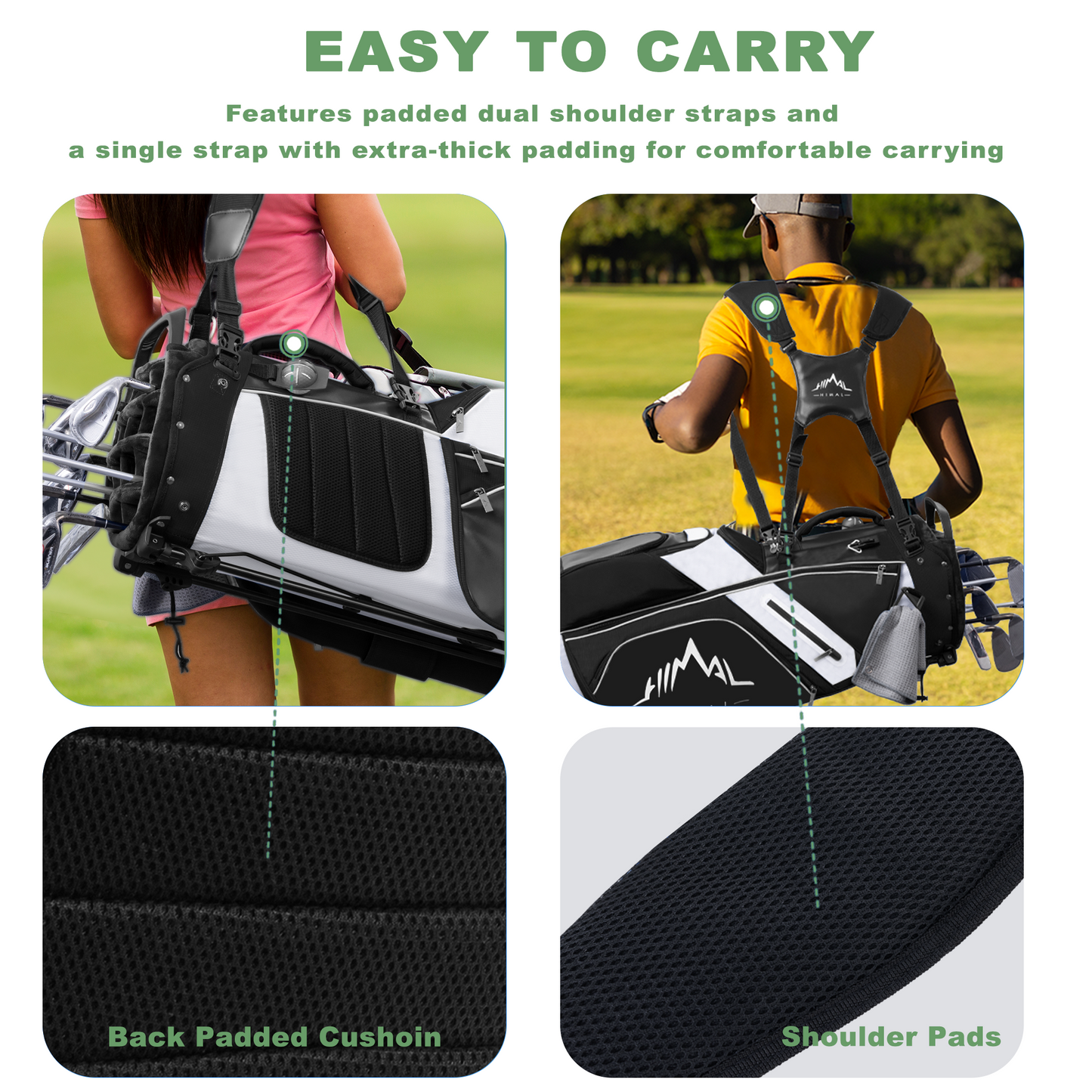 14-Way PU Leather Golf Stand Bag-Pure Black-White