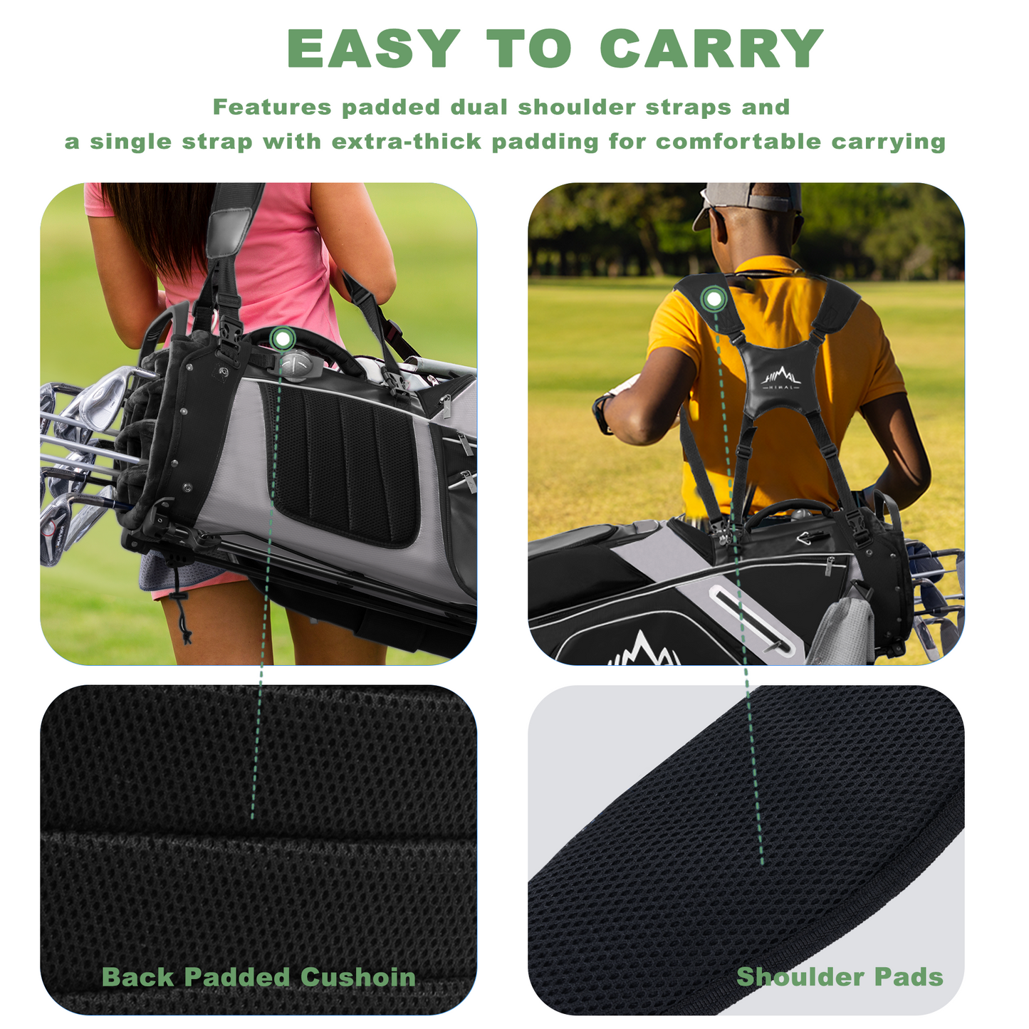 14-Way PU Leather Golf Stand Bag-Pure Black-Gray