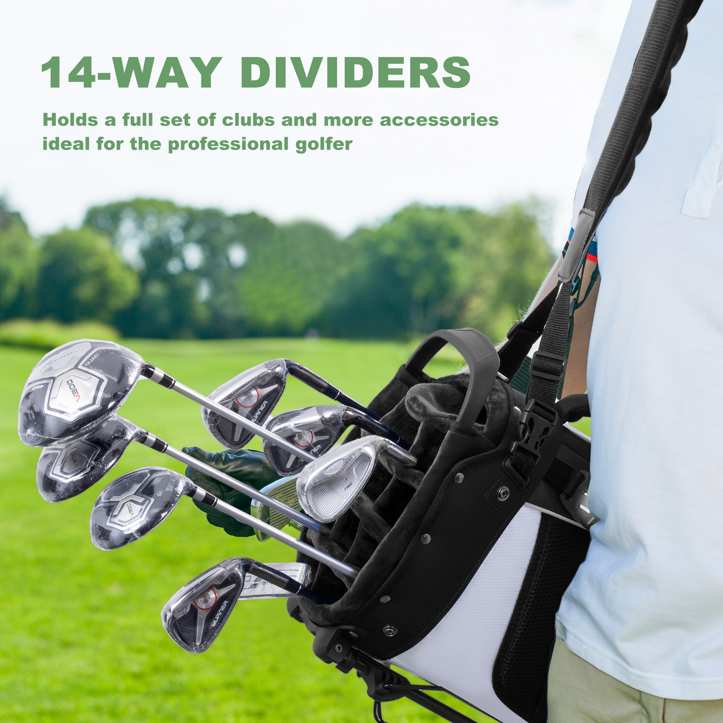 14-Way PU Leather Golf Stand Bag-Pure Black-White