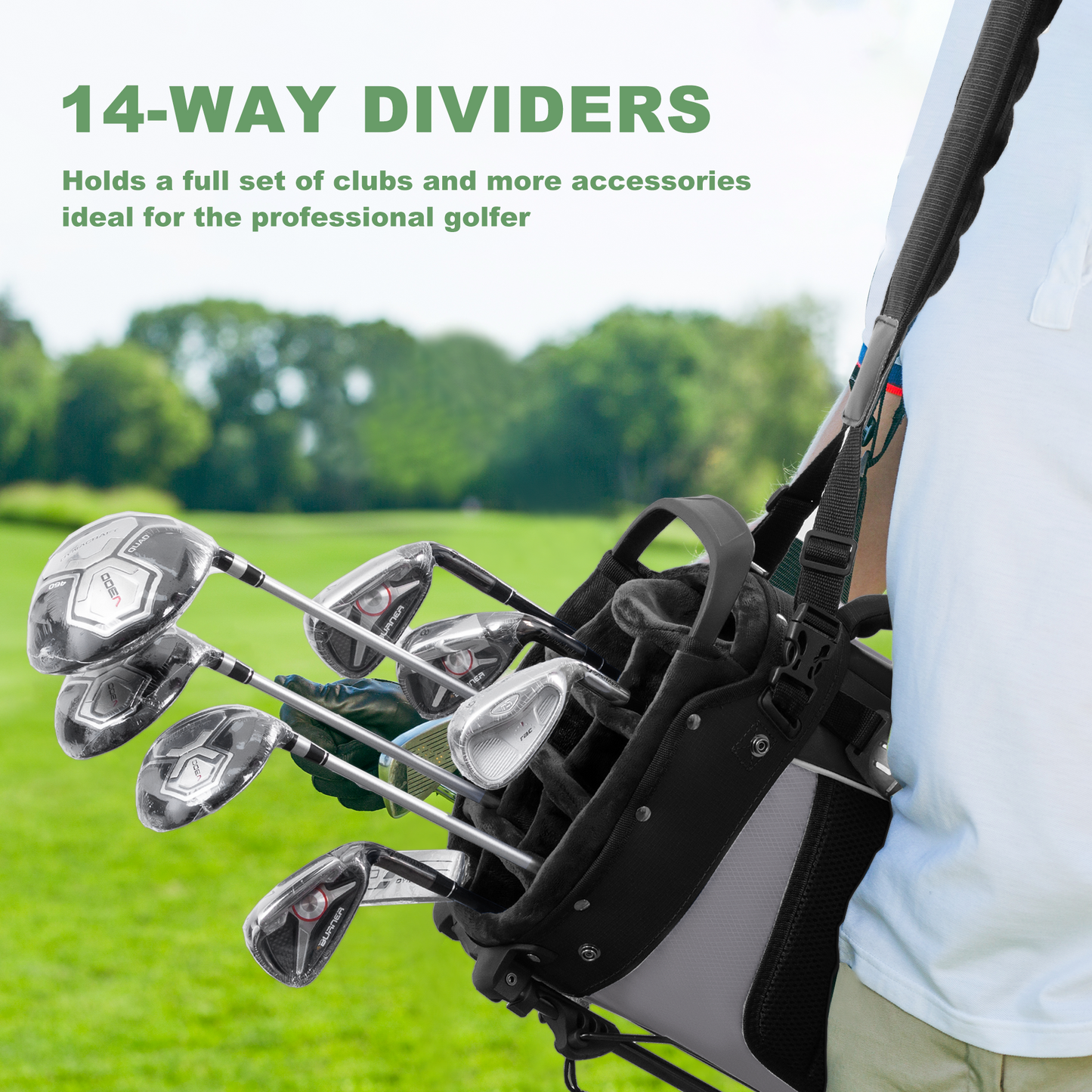 14-Way PU Leather Golf Stand Bag-Pure Black-Gray