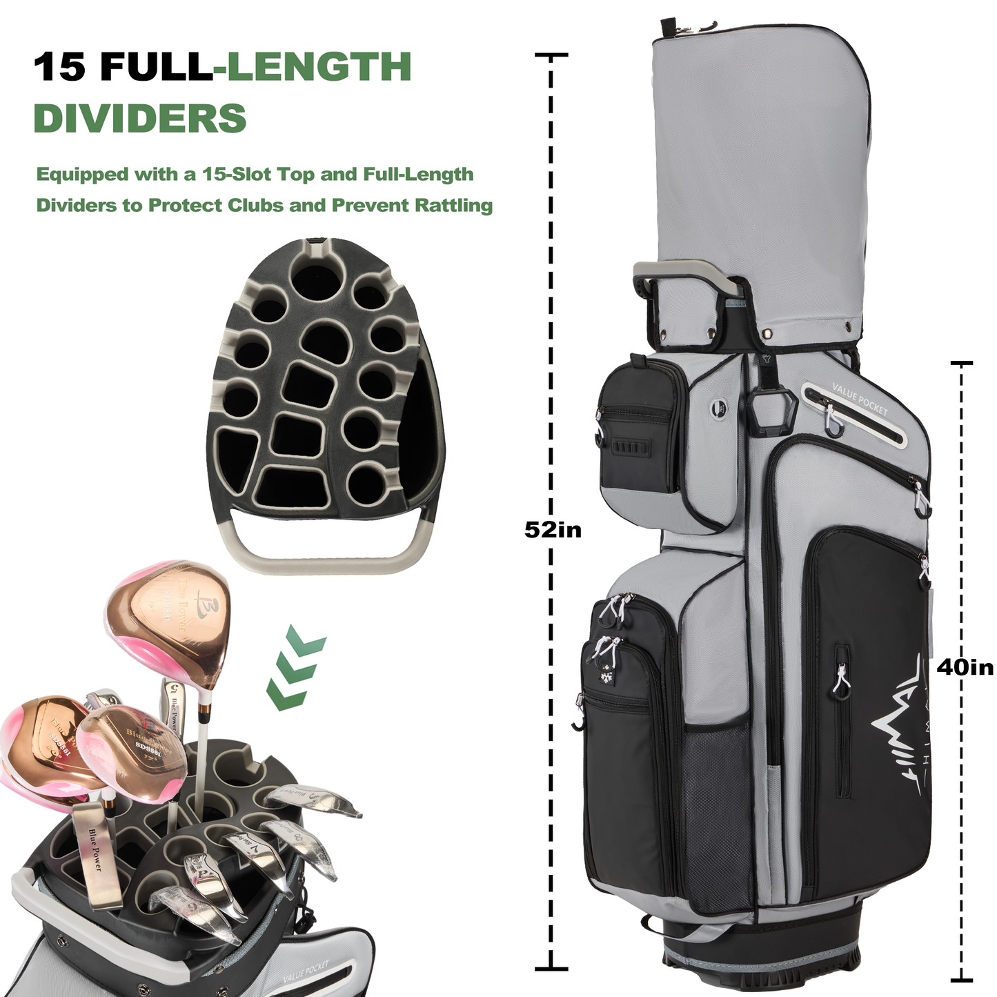 15-Way Full-Length Divider Golf Cart Bag-Grey