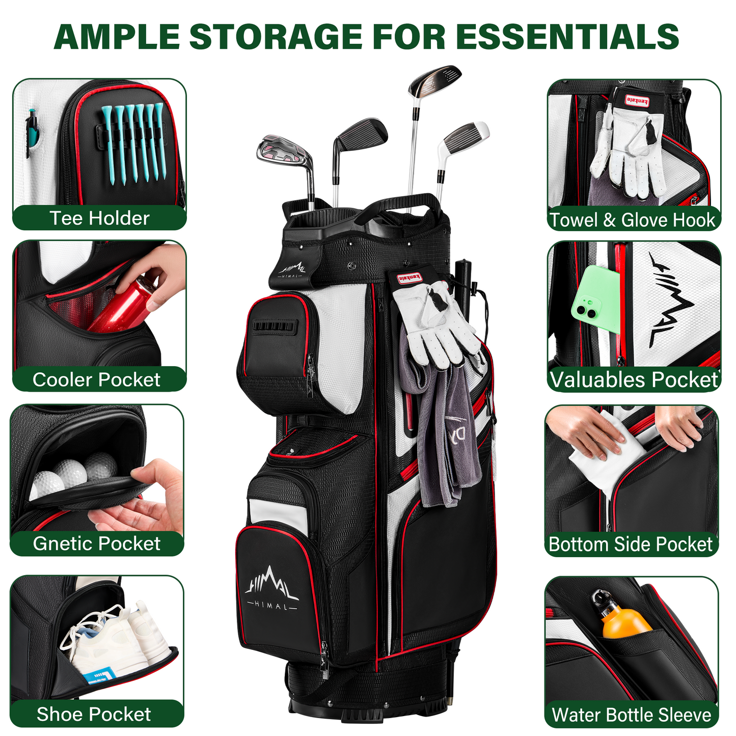 Golf Cart Bag 15-Way Organizer Divider-Black White